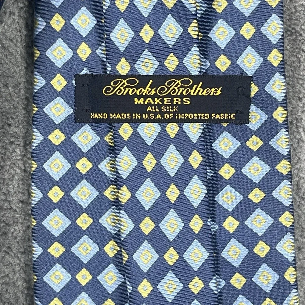 Brooks Brothers Makers Blue Yellow‎ Geometric Handmade Silk Tie Made in USA
